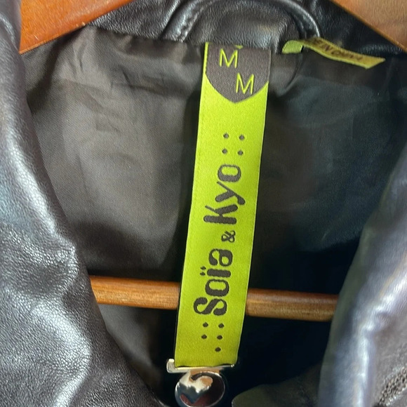 SOIA & KYO Leather Jacket Dark Chocolate Brown Tailored Zip Large Collar Size M - Picture 9 of 13